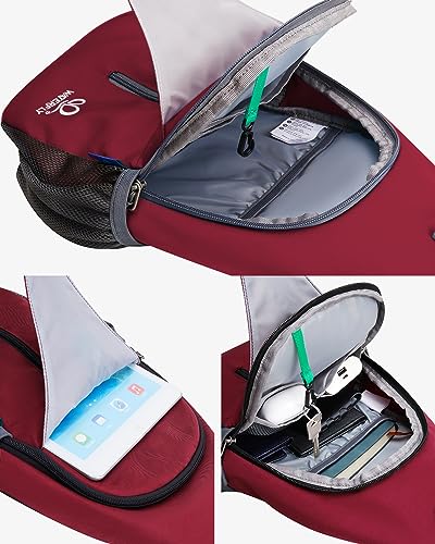 WATERFLY Crossbody Sling Backpack Sling Bag Travel Hiking Chest Bag Daypack | Small Hiking bag,Multi-compartment storage,Water-resistant,Breathable back pad,Reversible adjustable shoulder strap - color: Dark Red
