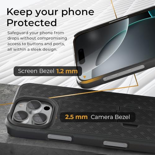 MOTIVE for iPhone 16 Pro Case with Belt Clip, Rigid, Kickstand | 6.3" | Ranger v1 Series, Black, 360° holster, open-top/open-bottom port access, textured grip, slim - size: iPhone 16 Pro