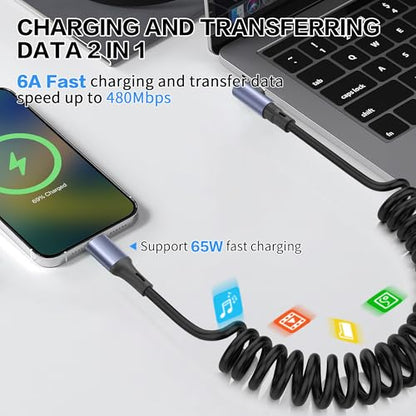 YACSEJAO 90 Degree Coiled USB C to USB C Cable 65W 1M/3.2FT, Straight - style: Straight