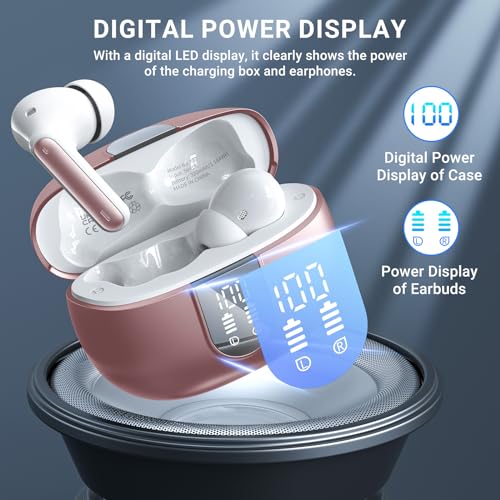 Wireless Earbuds, 2024 Wireless Headphones HiFi Stereo Earphones with 4 ENC Noise Canceling Mic, 42Hs Playtime In Ear Earbud, Bluetooth 5.3 Sport Earphones with LED Power Display for Android iOS Pink - color: pink gold