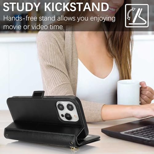 for iPhone 15 Pro Wallet Case for Women,for iPhone 15 Pro Case with Strap Crossbody Lanyard,PU Leather Shockproof Card Holder Stand Zipper Pocket Flip Phone Case-Black - color: Black