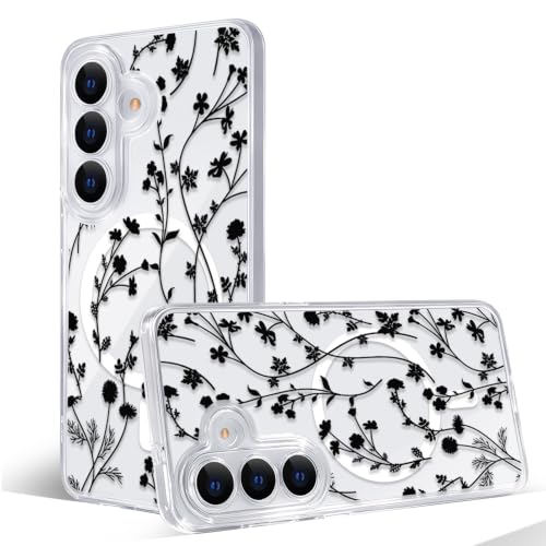Magnetic Case for Samsung Galaxy S26 [Compatible with MagSafe] Cute Clear Flower Floral Case for Women Girls Soft TPU Bumper Hard PC Back Anti-Fall Shockproof Protective Slim Cover A9 - color: Flower Branch 2, size: Samsung Galaxy S26 Case