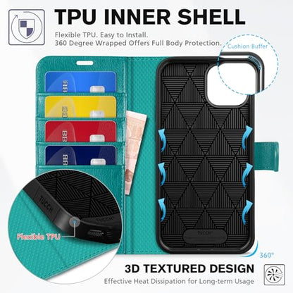 TUCCH Wallet Case for iPhone 14 (6.1") 2022, 4 Card Holders, Cyan | RFID Blocking, Viewing Stand, Shockproof TPU Shell, PU Leather, Magnetic Closure, Protective Folio Flip Cover - color: Cyan - Textured