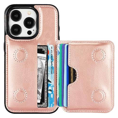 KIHUWEY Compatible with iPhone 15 Pro Wallet Case Credit Card Holder, Premium Leather Kickstand Flip Hidden Magnetic Clasp Durable Shockproof Protective Cover for iPhone 15 Pro 6.1 inch (Rose Gold) - color: Rose Gold