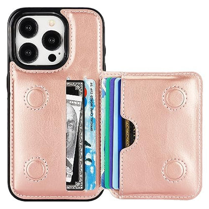 KIHUWEY Compatible with iPhone 15 Pro Wallet Case Credit Card Holder, Premium Leather Kickstand Flip Hidden Magnetic Clasp Durable Shockproof Protective Cover for iPhone 15 Pro 6.1 inch (Rose Gold) - color: Rose Gold