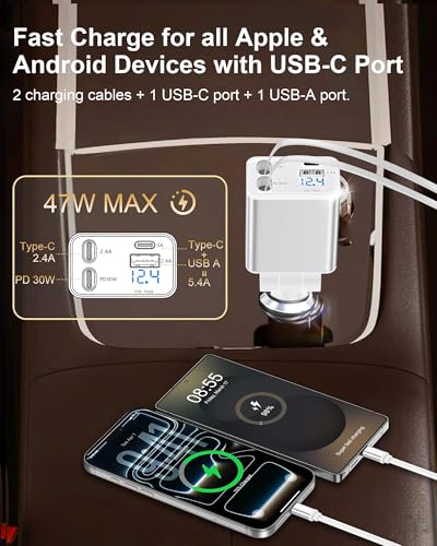 Retractable Car iPhone Charger USB C, Fast Car Charging Adapter USBC - color: White
