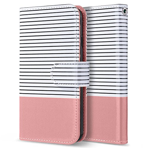 ULAK for iPhone SE 3(2022)/SE(2020)/8/7 Wallet Case Card Holder Pink Stripe | Premium PU Leather Flip Case with Kickstand Card Slots [RFID Blocking] Wrist Strap, Durable Shockproof Cover 4.7 Inch - color: Pink BL Stripe