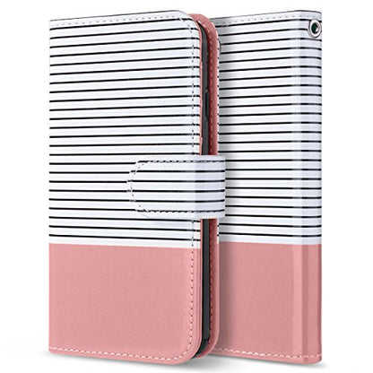 ULAK for iPhone SE 3(2022)/SE(2020)/8/7 Wallet Case Card Holder Pink Stripe | Premium PU Leather Flip Case with Kickstand Card Slots [RFID Blocking] Wrist Strap, Durable Shockproof Cover 4.7 Inch - color: Pink BL Stripe