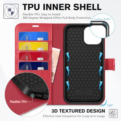 TUCCH Case Wallet for iPhone 13 Pro Max (6.7"), RFID Blocking Folio, Red - color: Red