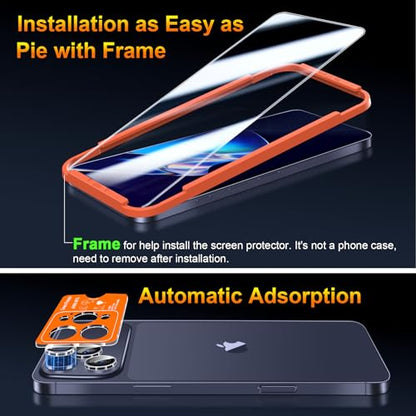 QsmQam 3 Pack Screen Protector for iPhone 17 Pro 6.3 Inch + 1 Pack Individual Camera Lens Protector, Ultra HD Tempered Glass, Military Grade Shatterproof, Case Friendly [with Installation Frame] - size: iPhone 17 Pro