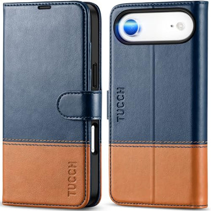 TUCCH Case Wallet for iPhone Air (6.5"), RFID Blocking Folio, Blue & Brown | 4 Card Holders, Kickstand, PU Leather, Magnetic Closure, Shockproof TPU Shell, Protective Flip Cover - color: Two-tone Blue & Brown
