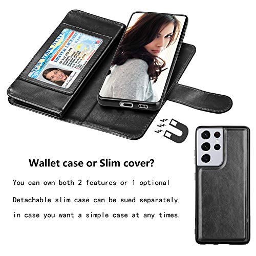 Njjex Wallet Case for Galaxy S21 5G - 9 Card Slots, PU Leather, Detachable Kickstand, Magnetic Cover & Lanyard - Black - color: Black