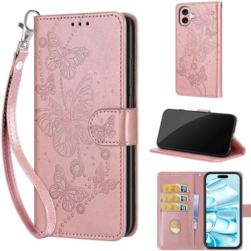 Wallet Case for iPhone 16, Rose Gold Butterfly | Women Flip Folio Cover, Embossed PU Leather, Stand, Credit Card Holders Slots, Wrist Strap - color: 7