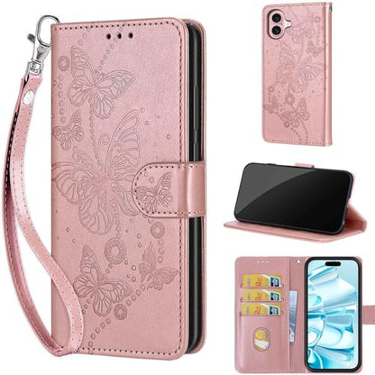 Wallet Case for iPhone 16, Rose Gold Butterfly | Women Flip Folio Cover, Embossed PU Leather, Stand, Credit Card Holders Slots, Wrist Strap - color: 7