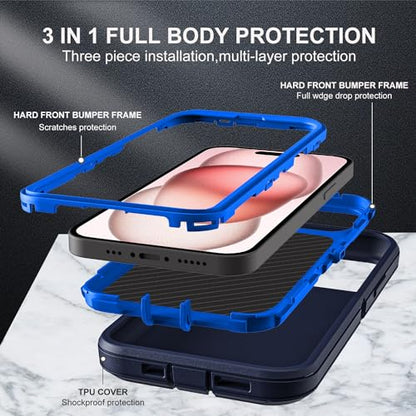 YKHJKLEC for iPhone 15 Case, Military Grade 3 in 1 Heavy Duty Shockproof/Drop Proof/Dust Proof Case with 2Pcs Tempered Glass Screen Protector (Navy Blue) - color: Navy Blue
