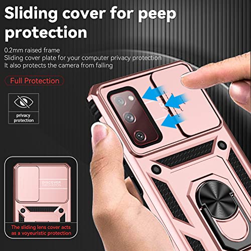 for Samsung Galaxy S20 FE 5G Case with Camera Lens Cover HD Screen Protector, Military-Grade Drop Tested Magnetic Ring Holder Kickstand Protective Phone Case for Samsung Galaxy S20 FE 5G (Rose Gold) - color: Rose Gold with camera cover Military-Grade 2nd