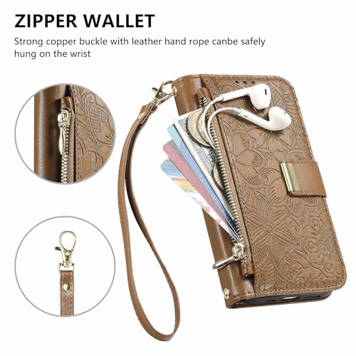 for iPhone 17 Pro Max Phone Case Wallet, Brown | Built-in Card Holder (8-10 Cards), Zipper Pocket, Wrist Strap, Stand Kickstand, Flower PU Leather Protective Phone Case Women - color: Brown, size: iPhone 17 Pro Max