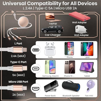 120W Fast Multi Charging Cable, 6 in 1 Retractable Charger (White Golden) - color: White Golden