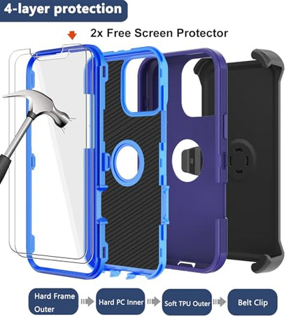 for iPhone 16 Pro Max Phone Case,Military Grade Drop Protection Cell Phone Cover with Belt Clip Holster Stand,Screen Protector x2 Rugged Kickstand for iPhone 16 Pro Max Case 6.9” (Blue) - color: Blue
