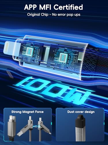 4 in 1 Charging Cable 100W,USB C and Lightning cable 2 in 1 iphone 16 Charger cord 10 FT Fast Charging USB C Cable Multi Charging Cable with E-Mark Chip for iPhone 16/15/14/13、12/11/Pad/Android/Tablet
