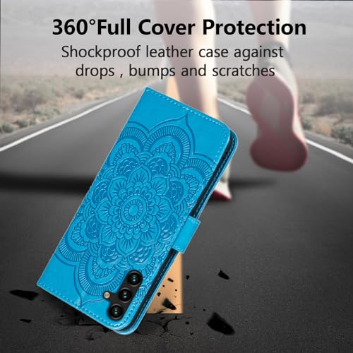 EYZUTAK Case for Samsung Galaxy A17 5G/A26 5G, Premium Leather Magnetic Closure Flip Wallet Phone Case with Card Holder Cash Slots Kickstand Embossed Mandala Flower Shockproof Lanyard Cover - Blue - color: Blue, size: Samsung Galaxy A17 5G/A26 5G