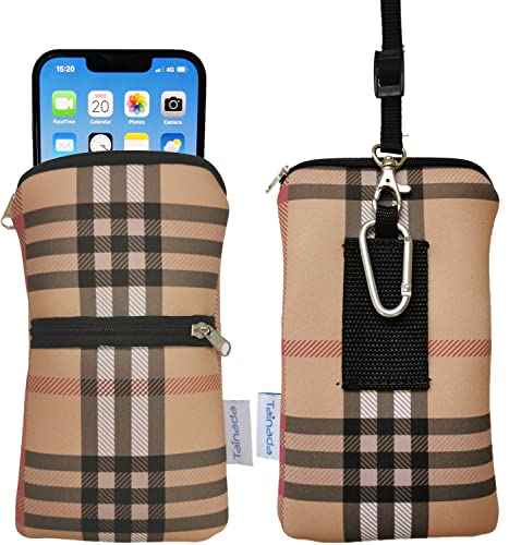Tainada 2-Zip Neck Phone Pocket Bag w/Belt Loop (Camel Brown Plaid) | For Men/Women; Water-resistant neoprene pouch, shockproof, lightweight, w/carabiner; Compatible with most of smartphones - color: Camel Brown Plaid