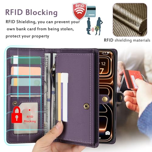 for Wallet Case Compatible with iPhone 17 Pro Max,Multi-Function Detachable 3 in 1 Magnetic iPhone 17 Pro Max Case Wallet,Flip Strap Zipper Card Holder Phone Case with Shoulder Straps (Pruple) - color: Purple, size: iPhone 17 Pro Max