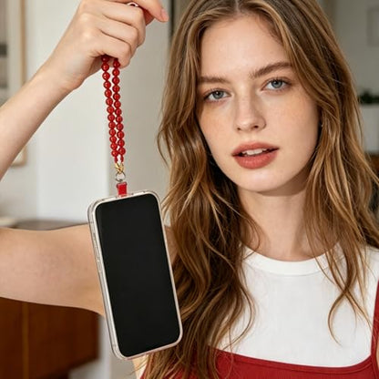 Agate Beaded Phone Wrist Strap for Women Men Stone Beads Charm Handmade Cellphone Chain Lanyard with Tether Tab - color: Red-1, size: 6mm Beads