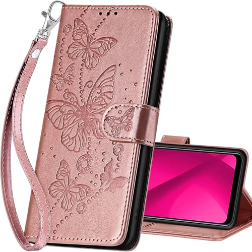for T-Mobile Revvl 7 5G Wallet case, Rose Gold-Butterfly | 3 Card Holders, Kickstand, Shockproof TPU Shell, PU Leather, Magnetic Closure, Protective Flip Folio Cover, Women - color: 6