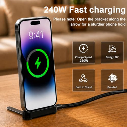 2 Pack USB C to C/Lightning Invisible Holder Charger Cable, 240W 90° Right Angle Fast Charging Cable & Phone Holder 2-in-1, Sideways Flat Phone Charger with Stand for iPhone 17/16/15/14/13/Android
