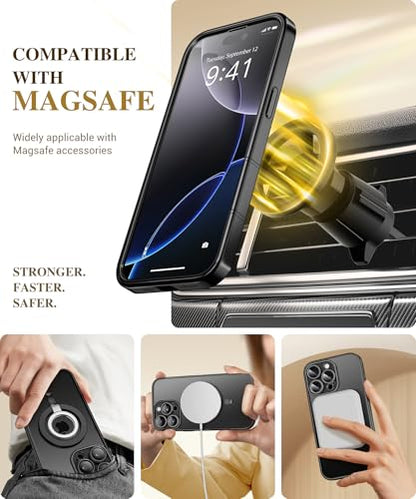 BERFY Magnetic for iPhone 16 Pro Max Case 6.9", [Compatible with Magsafe] Built-in 9H Tempered Glass Screen Protector & Upgraded Camera Protection, Full-Body Plating Phone Case for 16 ProMax, Black