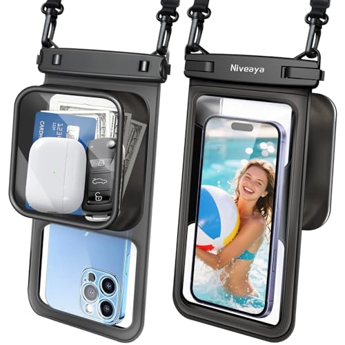 Niveaya [Floatable Floating Waterproof Phone Pouch 2 Pack-Up to 8.5", Large Space Adjustable Neck Lanyard Waterproof Phone Case, Phone Dry Bags for Vacation Beach Pool Kayak Cruise Travel Essentials - color: Transparent Black + Transparent Black