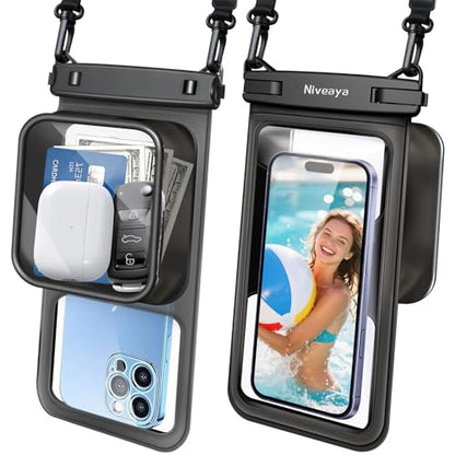 Niveaya [Floatable Floating Waterproof Phone Pouch 2 Pack-Up to 8.5", Large Space Adjustable Neck Lanyard Waterproof Phone Case, Phone Dry Bags for Vacation Beach Pool Kayak Cruise Travel Essentials - color: Transparent Black + Transparent Black