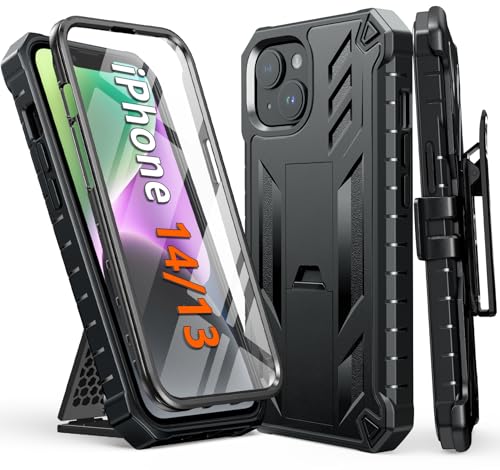 FNTCASE for iPhone 14/13 Case : with Belt-Clip Holster & Kickstand - Heavy Duty Military Grade Protection Cover Shockproof TPU Phone Shell Durable Rugged Full Protective Phonecase - 6.1 inch Black | Rugged Kickstand, Military-Grade Drop Protection, Full B