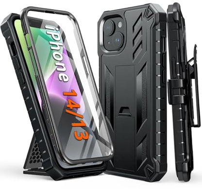 FNTCASE for iPhone 14/13 Case : with Belt-Clip Holster & Kickstand - Heavy Duty Military Grade Protection Cover Shockproof TPU Phone Shell Durable Rugged Full Protective Phonecase - 6.1 inch Black | Rugged Kickstand, Military-Grade Drop Protection, Full B