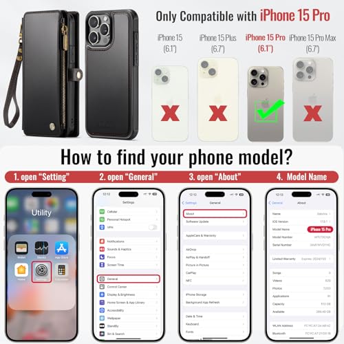 Defencase for iPhone 15 Pro Case Wallet Compatible with Magsafe, Black | Drop-Proof Magnetic Detachable Phone Cases Cover, with RFID Bolcking Card Holder, Zipper Strap, PU Leather, Removable Wallet - color: (Detachable with Magsafe)-Black