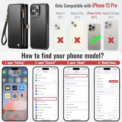 Defencase for iPhone 15 Pro Case Wallet Compatible with Magsafe, Black | Drop-Proof Magnetic Detachable Phone Cases Cover, with RFID Bolcking Card Holder, Zipper Strap, PU Leather, Removable Wallet - color: (Detachable with Magsafe)-Black