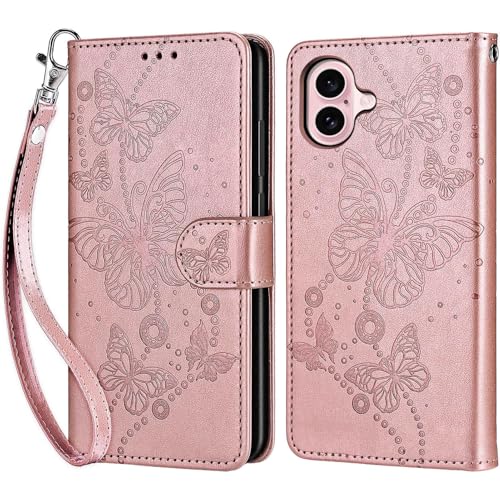 for iPhone 16 Wallet case, Rose Gold-Butterfly | 3 Card Holders, Kickstand, Shockproof TPU Shell, PU Leather, Magnetic Closure, Protective Flip Folio Cover, Women - color: 6