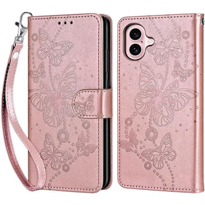 for iPhone 16 Wallet case, Rose Gold-Butterfly | 3 Card Holders, Kickstand, Shockproof TPU Shell, PU Leather, Magnetic Closure, Protective Flip Folio Cover, Women - color: 6