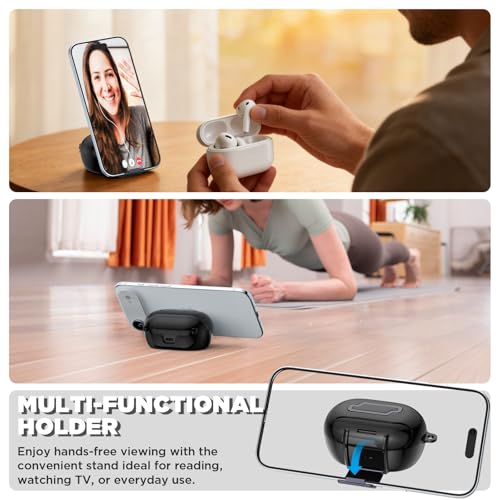 for Bose New QuietComfort Earbuds Case (2024), TPU Protective Cover with Phone Holder Stand & Double Safety Lock, Supports Wireless Charging, Includes Carabiner and Cleaning Pen (Black) - color: Black