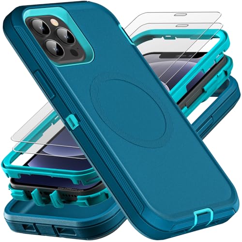 YKHJKLEC for iPhone 12/12 Pro Case, Compatible with Magsafe, Military Grade 3 in 1 Heavy Duty Shockproof/Drop Proof/Dust Proof with 2Pcs Tempered Glass Screen Protector (New-Blue/Turquoise) - color: New-Blue/Turquoise