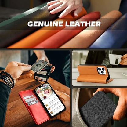 SHIELDON Genuine Leather Wallet Case for iPhone 14 Pro 6.1" 2022, Black | Magnetic Closure, RFID Blocking, Credit Card Holder, Kickstand, Folio Book Design, Shockproof Phone Cover - color: Black