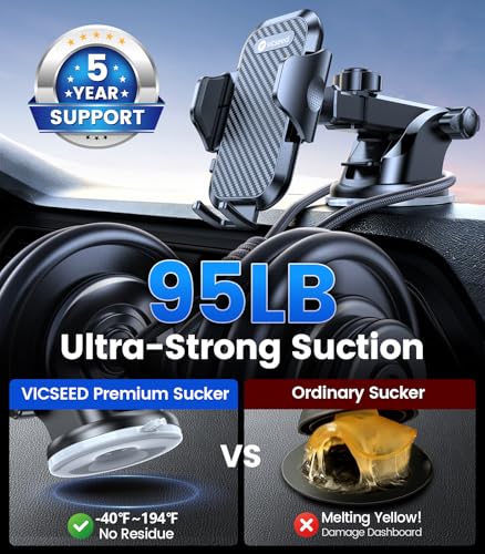 VICSEED 2026 Ultimate Sturdy Car Phone Holder [Upgraded 95+LBS Strongest Suction] Universal Long Arm Cellphone Mount for Car Dashboard Windshield Vent Truck Boat for iPhone 18 17 16 Pro Max & Android - color: Classic Black