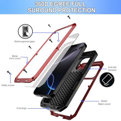 for iPhone 16 Metal Case 6.1",Heavy Duty Shockproof Aluminum Alloy Tough Armour Military Grade Phone Case,360 Full Body Protective Cover with Silicone Built-in Screen Protector - Red - color: Red