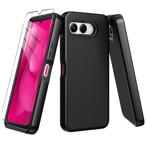 for T-Mobile REVVL 8 Phone Case with Tempered Glass Screen Protector,Dual Layer Heavy Duty Shockproof Protection Cover (Black) - color: Black