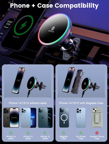 for Magsafe Car Mount Charger 15W LED RGB Car Phone Holder for Dash Vent - color: Brigh Black