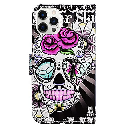 Bcov Case for iPhone 13 Pro, Purple Flower Sugar Skull Leather Flip Phone Case Wallet Cover with Card Slot Holder Kickstand for iPhone 13 Pro - color: Purple Flower Sugar Skull