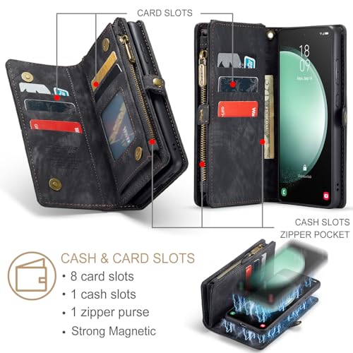 Samsung Galaxy S23 FE Wallet Case,Zipper Folio Leather Case Wallet with Card Holder Strap Wristlet Detachable Magnetic Protective Back Case for Samsung Galaxy S23 FE 5G 6.4 Inch(Black) - color: Black, size: S23 FE 5G 6.4 Inch