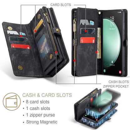 Samsung Galaxy S23 FE Wallet Case,Zipper Folio Leather Case Wallet with Card Holder Strap Wristlet Detachable Magnetic Protective Back Case for Samsung Galaxy S23 FE 5G 6.4 Inch(Black) - color: Black, size: S23 FE 5G 6.4 Inch
