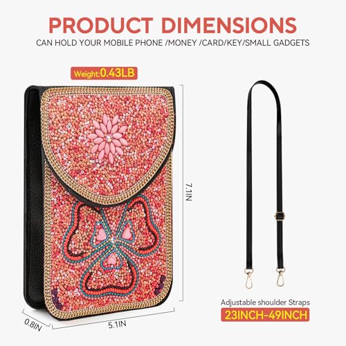 Small Beaded Crossbody Bag for Women, Boho Cell Phone Shoulder Purse Wallet with Handcrafted Colorful Beads - color: Trefoil Flower